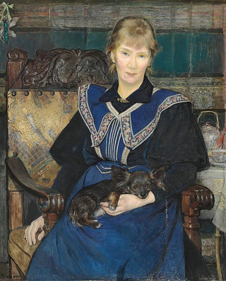Bertha Wegmann - Kvinde i bl kjole med en lille hund i skdet.webp