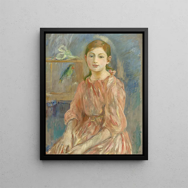 Die Tochter des Künstlers mit einem Papagei - Berthe Morisot — gerahmtes Bild an der Wand