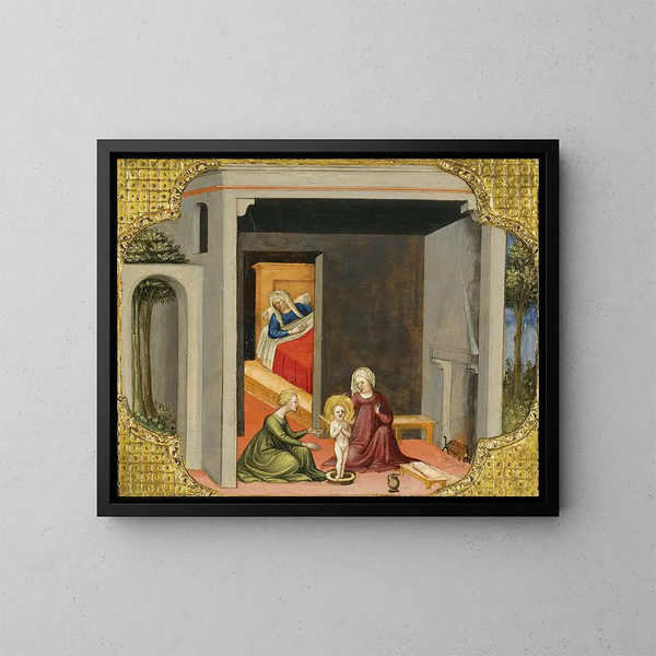Die Geburt des heiligen Nikolaus von Bari - Bicci di Lorenzo — gerahmtes Bild an der Wand