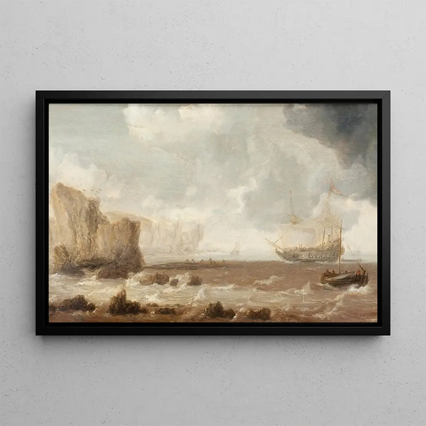 Bonaventura Peeters the Elder - A Dutch Battleship and Sailing Boats in Choppy Seas near a Rocky Coast.webp