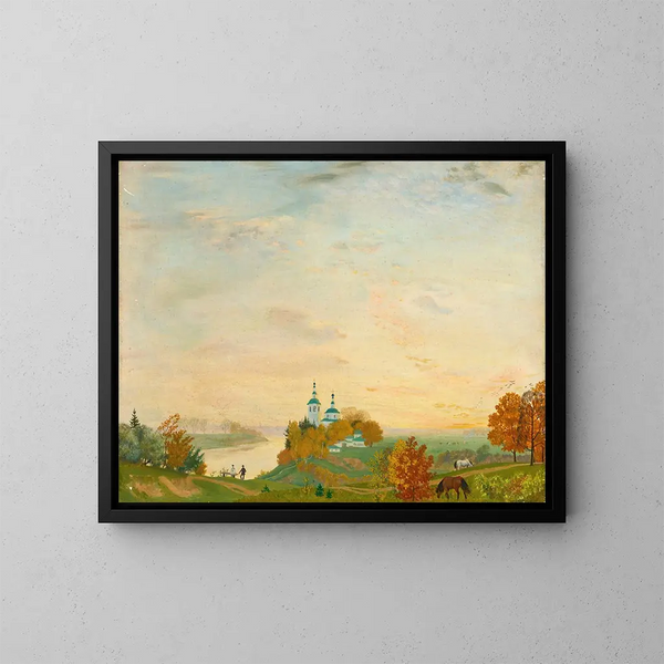 Über dem Fluss im Herbst - Boris Kustodiev — gerahmtes Bild an der Wand