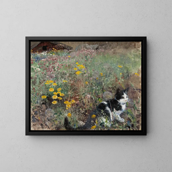 Katze in einer blühenden Wiese - Bruno Liljefors — gerahmtes Bild an der Wand