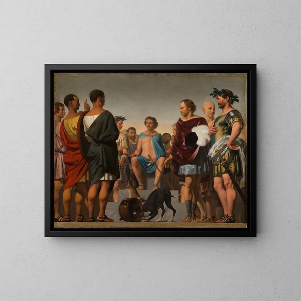 Lycurgus der Spartan zeigt die Bedeutung einer guten Erziehung, indem er das Verhalten von zwei Hunden vergleicht - Caesar van Everdingen — gerahmtes Bild an der Wand