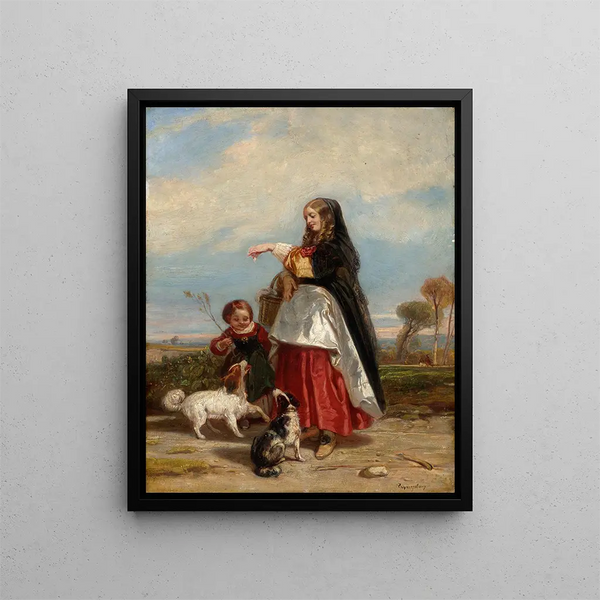 Frau und Kind mit Hunden - Camille Joseph Étienne Roqueplan — gerahmtes Bild an der Wand
