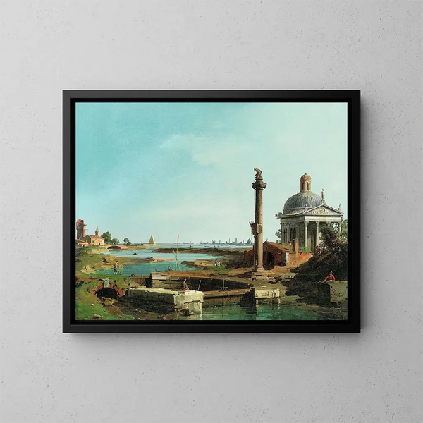 eines Schlosses, einer Säule und einer Kirche am Ufer einer Lagune - Canaletto — gerahmtes Bild an der Wand