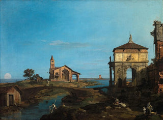 eines Gemäldes "Eine Insel in der Lagune mit einem Tor und einer Kirche" - Canaletto — Ansicht des Kunstwerks