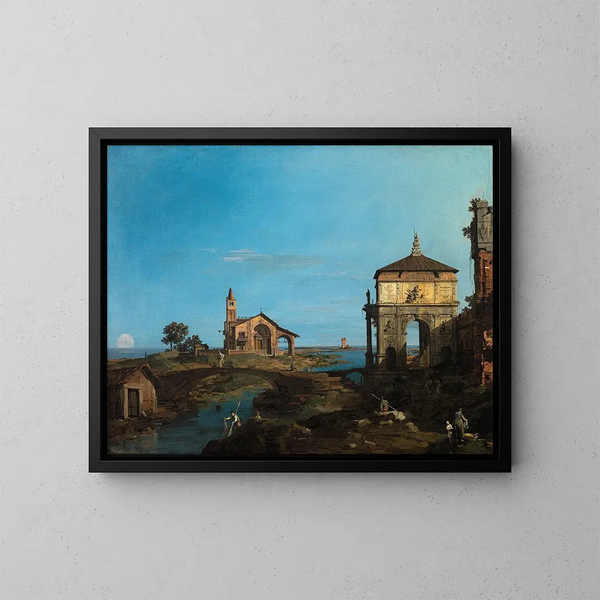 eines Gemäldes "Eine Insel in der Lagune mit einem Tor und einer Kirche" - Canaletto — gerahmtes Bild an der Wand