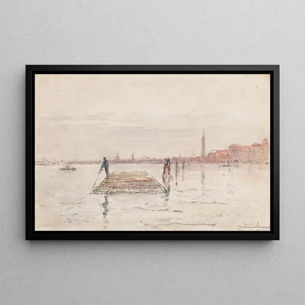 Carel Nicolaas Storm van sGravesande - Gezicht op Veneti vanaf het water met op de voorgrond in het water een houten vlot.webp