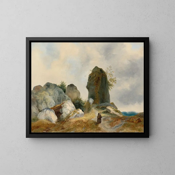 Einsiedler in einer felsigen Landschaft - Carl Blechen — gerahmtes Bild an der Wand