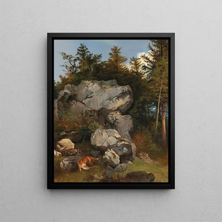 Carl Borromus Andreas Ruthart - Burde Fuchs mit Beute in felsiger Landschaft.webp