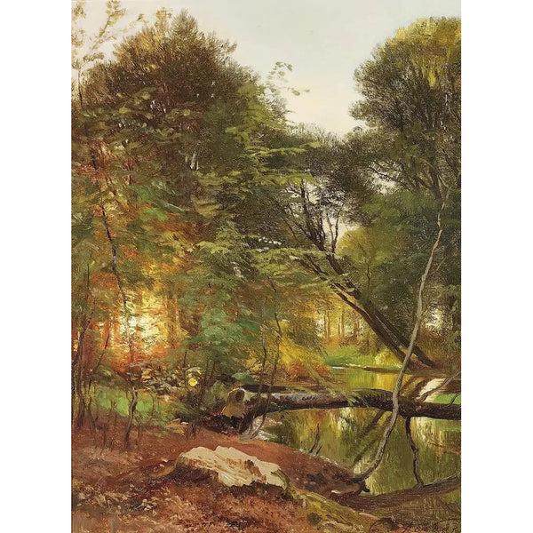 Bach im Wald bei Sonnenuntergang - Carl Frederik Aagaard — gerahmtes Bild an der Wand