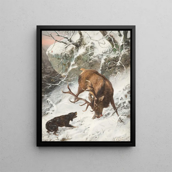 Hund fängt einen königlichen Hirsch - Carl Friedrich Deiker — gerahmtes Bild an der Wand