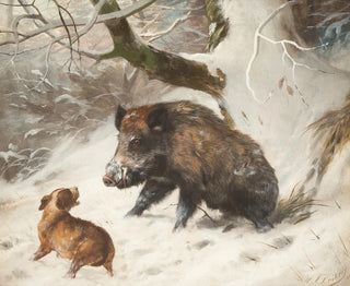 Hund auf der Jagd nach einem Wildschwein - Carl Friedrich Deiker — Ansicht des Kunstwerks
