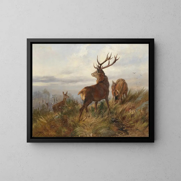 Hirsch im Morgennebel - Carl Friedrich Deiker — gerahmtes Bild an der Wand