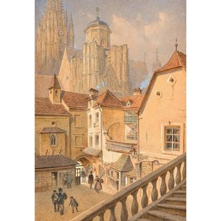 Carl Goebel - A view of St Stephens Cathedral from a passage house in Wollzeile.webp