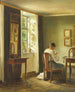 Innenaufnahme mit einer Frau, die in der Nähe des Fensters näht - Carl Holse — Ansicht des Kunstwerks
