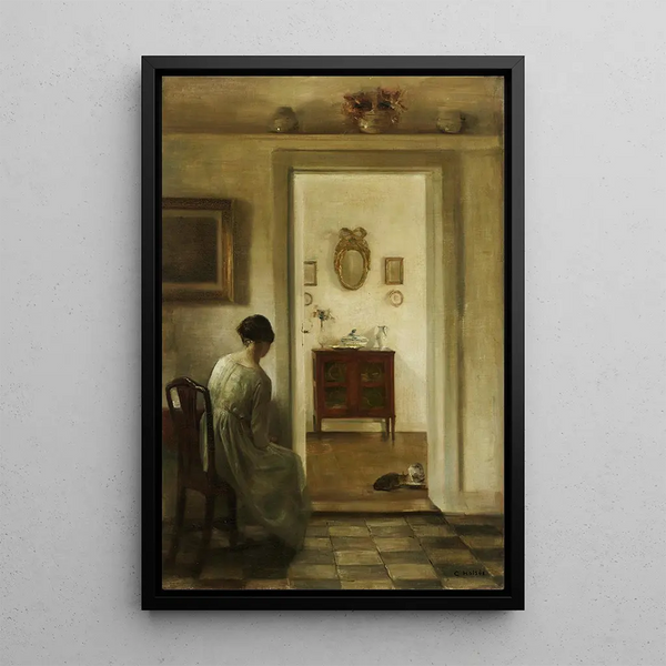 Reproduktion des Gemäldes Frau in einem Interieur mit zwei Katzen, die Milch trinken - Carl Holse