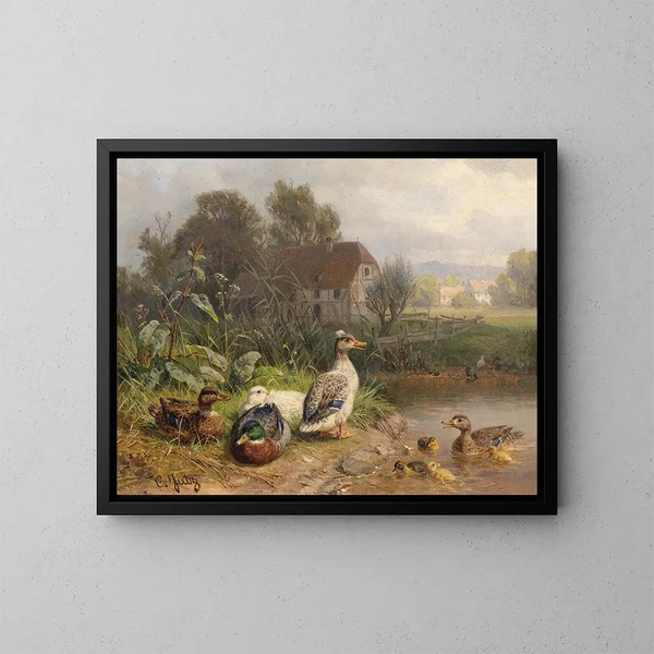 Enten am Teichufer - Carl Jutz — gerahmtes Bild an der Wand