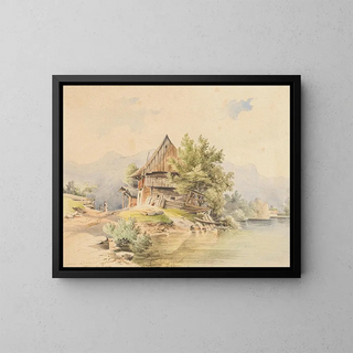 Hütte aus Holz am Seeufer - Carl Lafitte — gerahmtes Bild an der Wand