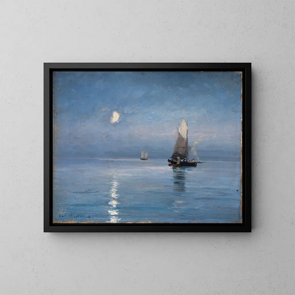 Bateaux de pêche sous la nuit éclairée par la lune - Carl Locher — gerahmtes Bild an der Wand