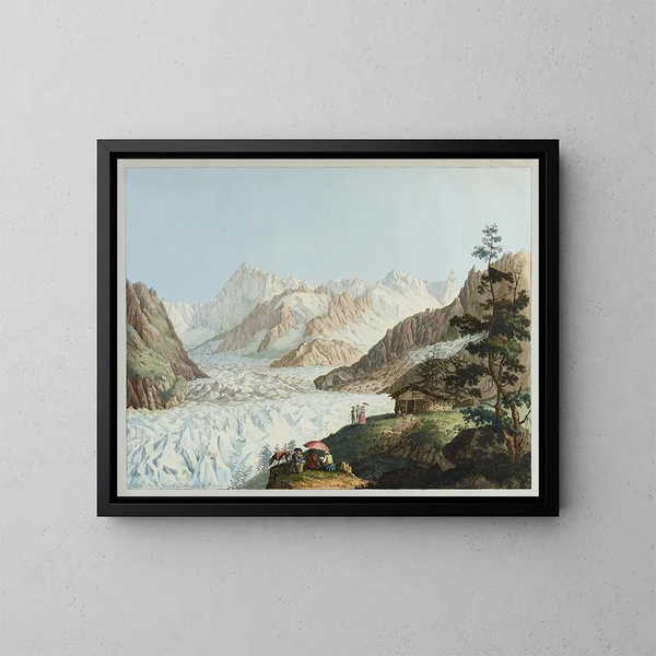 Blick auf den Mer de Glace und das Blair-Hospital vom Gipfel des Montanvert im August 1781 - Carl Ludwig Hackert — gerahmtes Bild an der Wand