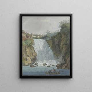 Carl Ludwig Hackert - Wasserfall ber den eine Brcke fhrt im Vordergrund zwei Fischer in einem Boot.webp