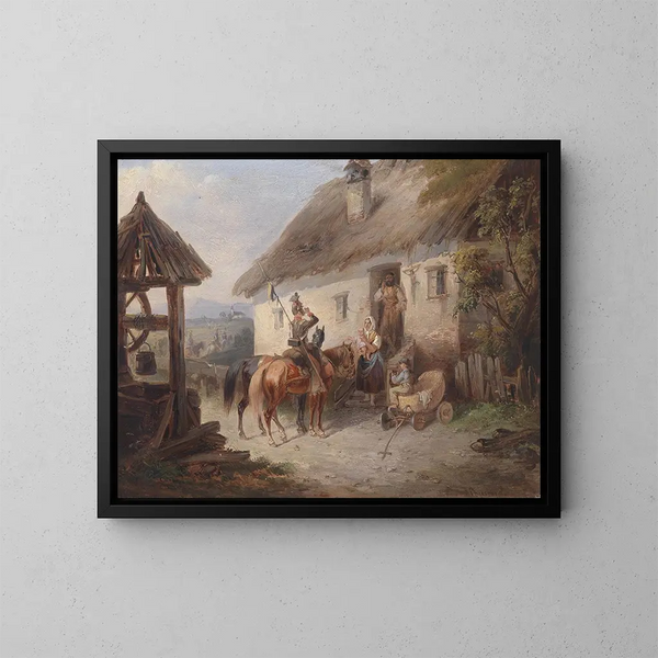 Uhlans autrichiens devant une ferme - Carl Martin Ebersberg — gerahmtes Bild an der Wand