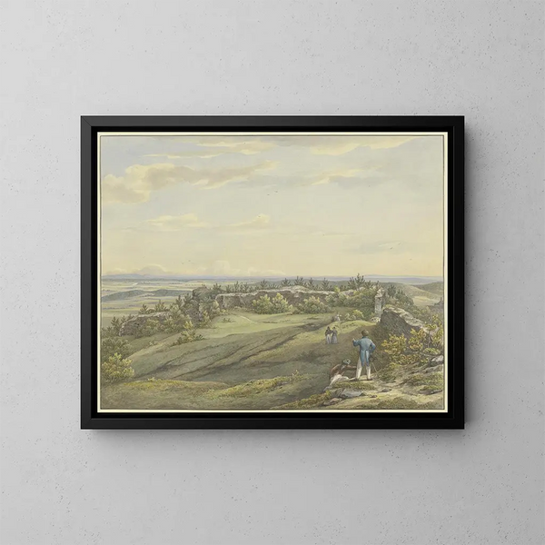 vom Gemälde "Cour de la ruine de Falkenstein mit Blick auf die Main-Ebene, den Odenwald und die Rheinberge" - Carl Morgenstern — gerahmtes Bild an der Wand