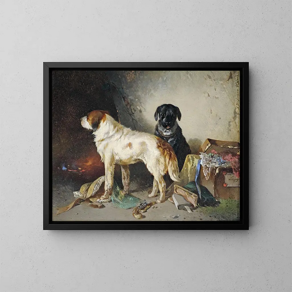 Zwei Hunde mit einer Kleiderbox - Carl Pischinger — gerahmtes Bild an der Wand