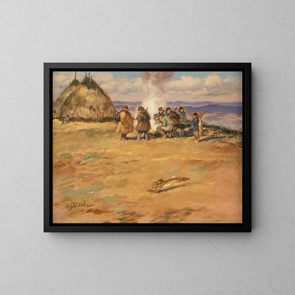 Nach der Hasenjagd - Carl Plückebaum — gerahmtes Bild an der Wand
