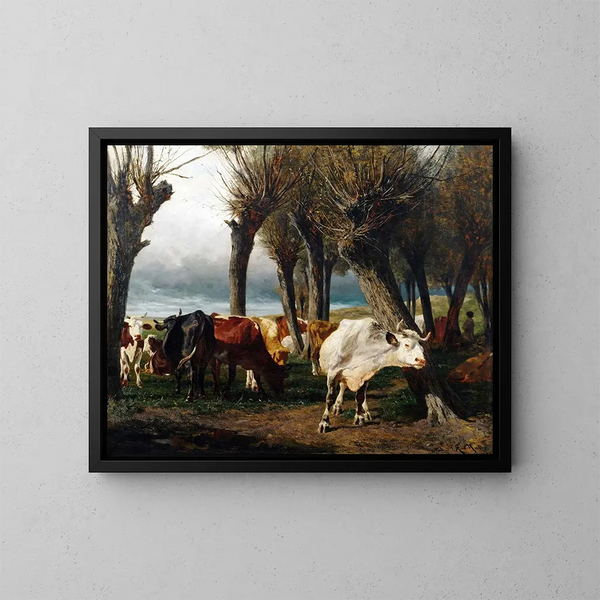 Vieh unter Weiden - Carl Rudolf Huber — gerahmtes Bild an der Wand