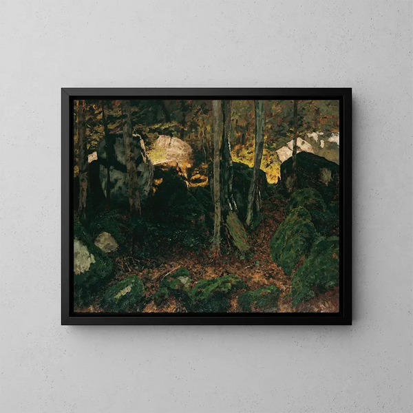 Innenansicht des Waldes bei Saut du Doubs - Carl Schuch — gerahmtes Bild an der Wand