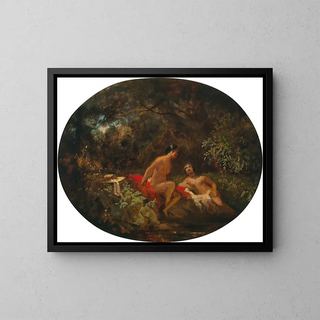 Frauen beim Baden in einem Waldsee - Carl Spitzweg — gerahmtes Bild an der Wand
