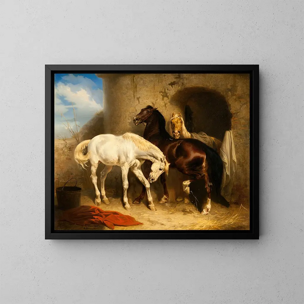 Pferde in der Stallung - Carl Wahlbom — gerahmtes Bild an der Wand