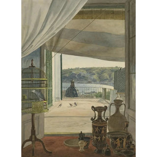 Carl Wilhelm Gtzloff - Antiquities by a Balcony Overlooking the Gulf of Naples.webp