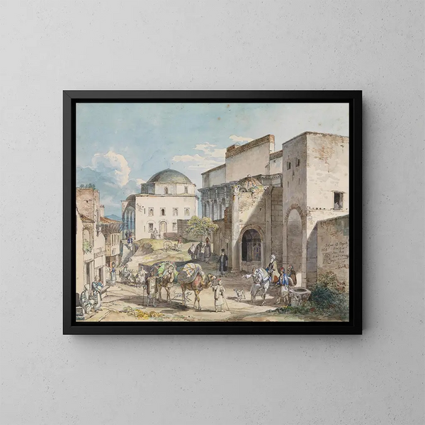 Abfahrt in Athen mit dem Hadji Hazekis-Palast und der Tzistarakis-Moschee - Carl Wilhelm von Heideck — gerahmtes Bild an der Wand
