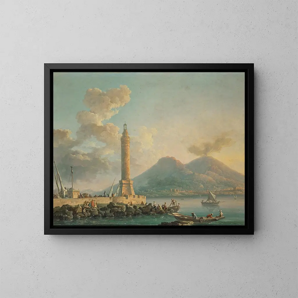 Die Laterne des Hafens von Neapel mit dem Vesuv im Hintergrund - Carlo Bonavia — gerahmtes Bild an der Wand