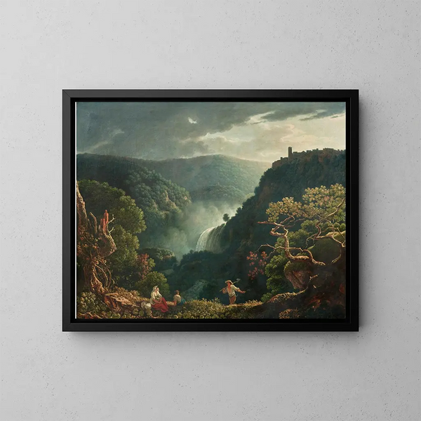 Die Wasserfälle von Tivoli mit Figuren im Vordergrund - Carlo Labruzzi — gerahmtes Bild an der Wand