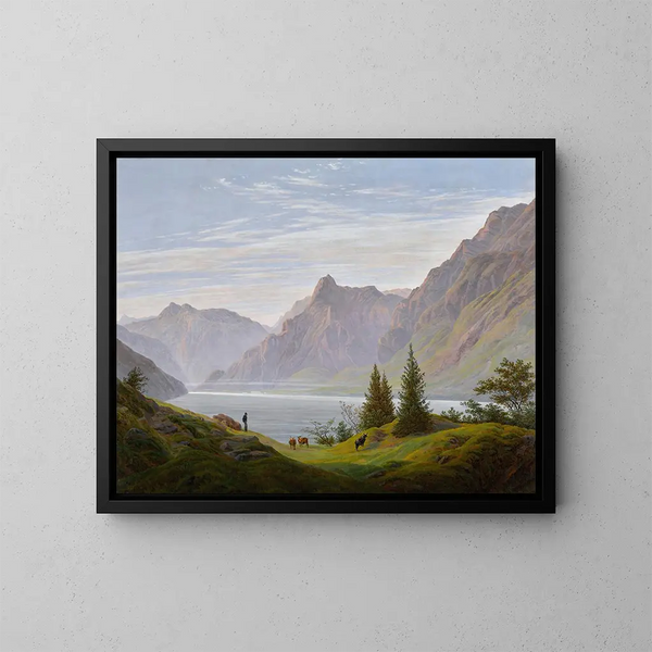 Landschaft mit Bergsee am Morgen - Caspar David Friedrich — gerahmtes Bild an der Wand