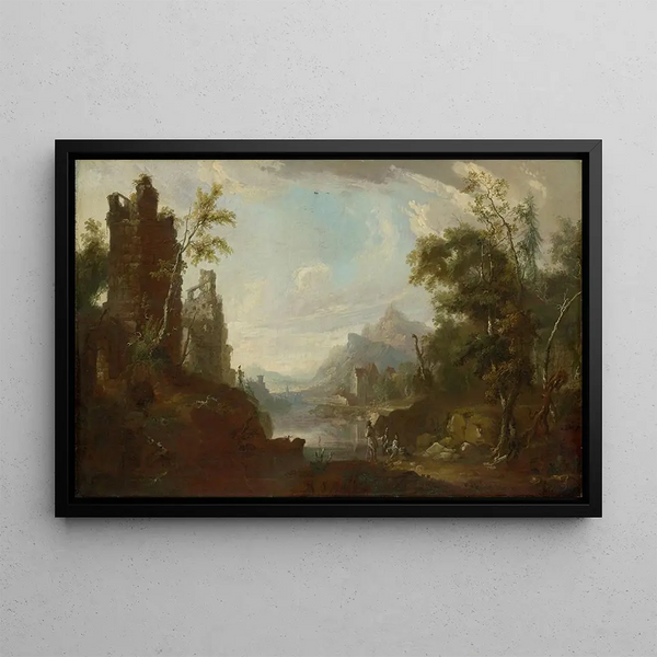 Ruine eines Schlosses in der Nähe eines Sees mit Fischern - Caspar Wolf — gerahmtes Bild an der Wand