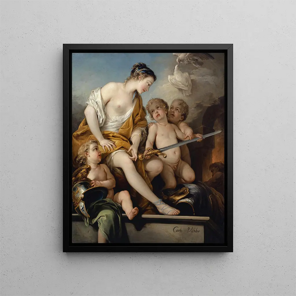 Venus und Amor mit den Armen von Mars - Charles André van Loo — gerahmtes Bild an der Wand
