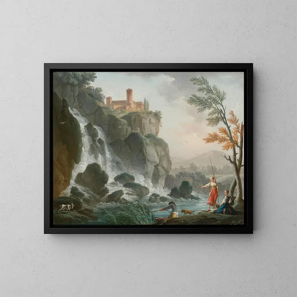 Fischerei am Flussufer mit Wasserfall unter einer Burg - Charles-François Grenier de Lacroix — gerahmtes Bild an der Wand