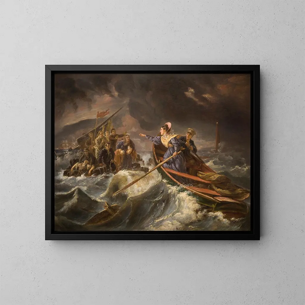 Grace Darling und ihr Vater retten Überlebende des Schiffsbruchs des Forfarshire auf den Farne-Inseln, 7. September 1838 - Charles Achille d'Hardiviller — gerahmtes Bild an der Wand