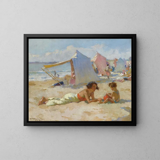 Spielen am Strand - Charles Atamian — gerahmtes Bild an der Wand
