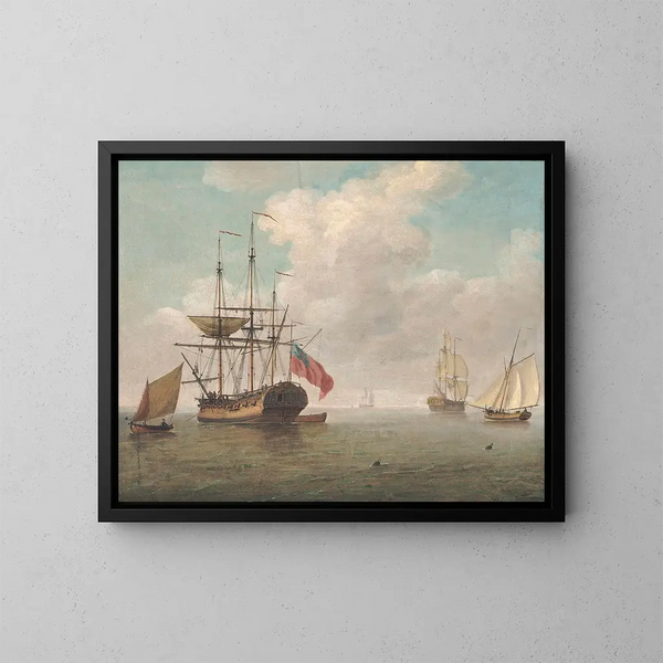 Ein kleines Kriegsschiff vor Anker mit Booten unter Segeln - Charles Brooking — gerahmtes Bild an der Wand