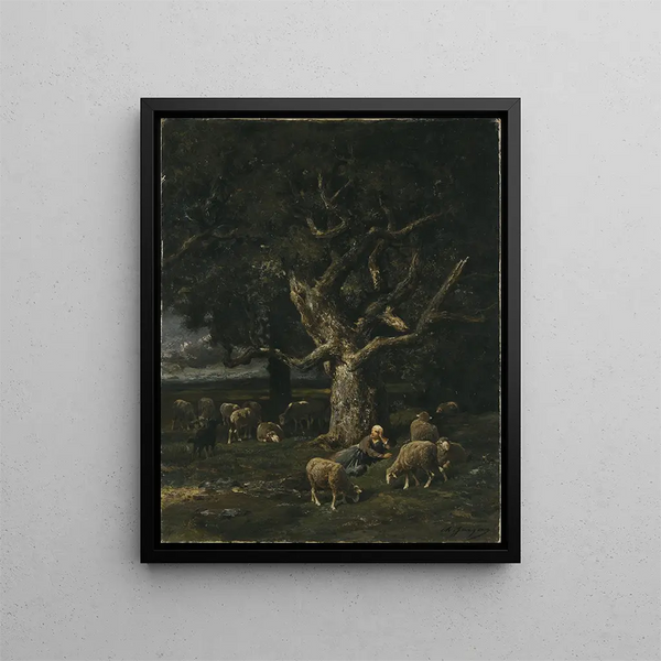 Eine Schäferin mit ihren Schafen - Charles Émile Jacque — gerahmtes Bild an der Wand