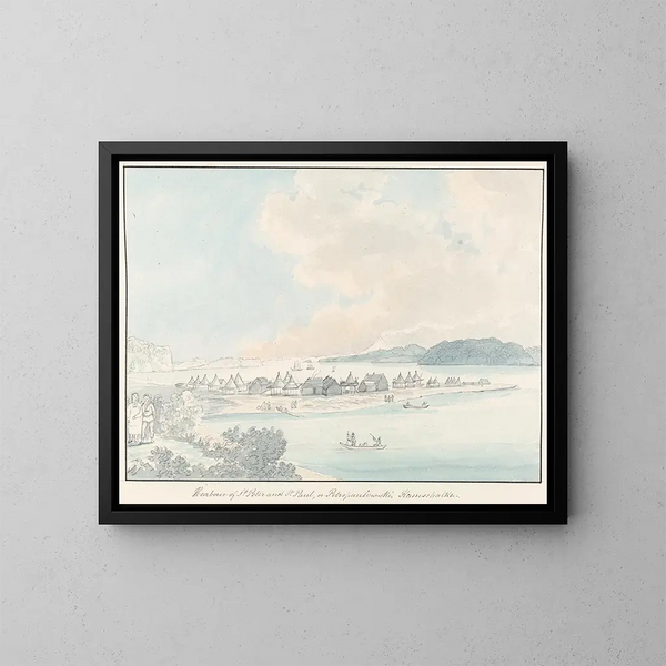 Ansicht der Stadt und des Hafens von Sankt-Pierre und Sankt-Paul in Kamtchatka - Charles Hamilton Smith — gerahmtes Bild an der Wand