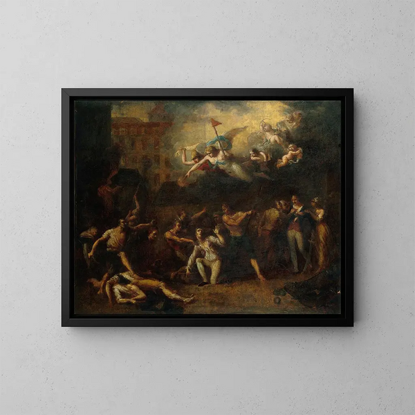 "Tod von M. de Pelleport, der sich einsetzte, um M. de Losme, Offizier der Bastille, vor dem Rathaus am 14. Juli 1789 zu retten" - Charles Thévenin — gerahmtes Bild an der Wand