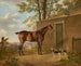 Ein brauner Jagd-Pferd mit zwei Hunden vor einem Stall - Charles Towne — Ansicht des Kunstwerks