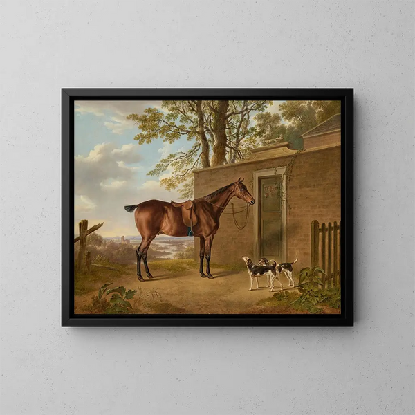 Ein brauner Jagd-Pferd mit zwei Hunden vor einem Stall - Charles Towne — gerahmtes Bild an der Wand